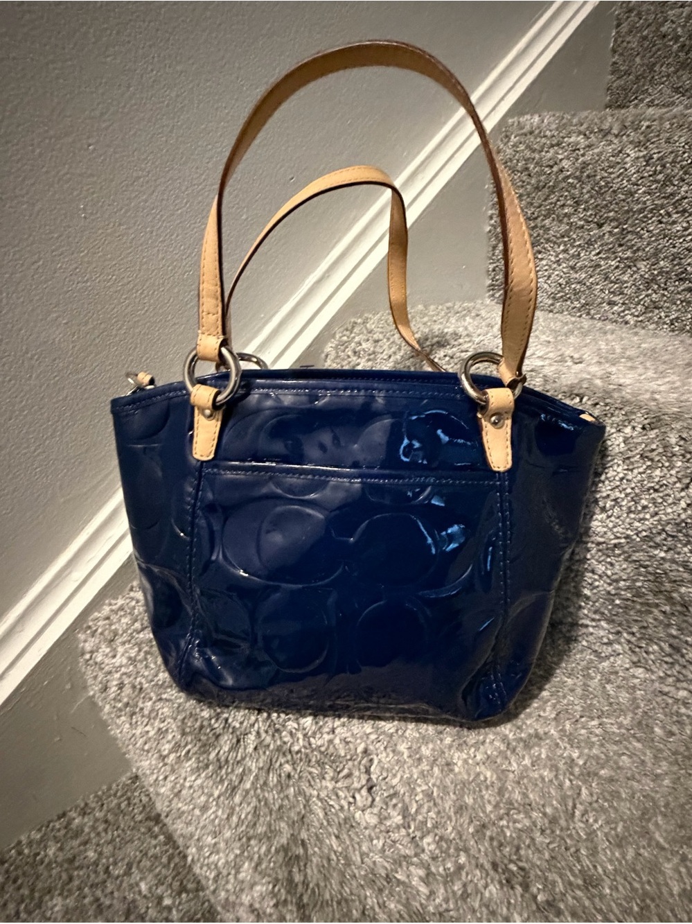 Coach Leah Embossed Signature Navy Blue Patent Leather Hand Bag - Picture 2 of 8
